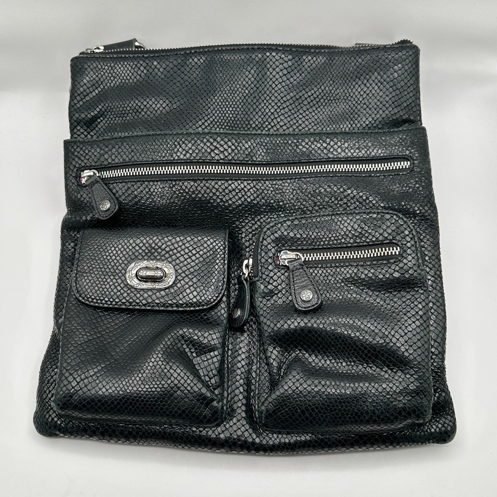 Vtg‎ Brighton Bag Purse Black Embossed Snake Skin Leather Shoulder Strap Charm